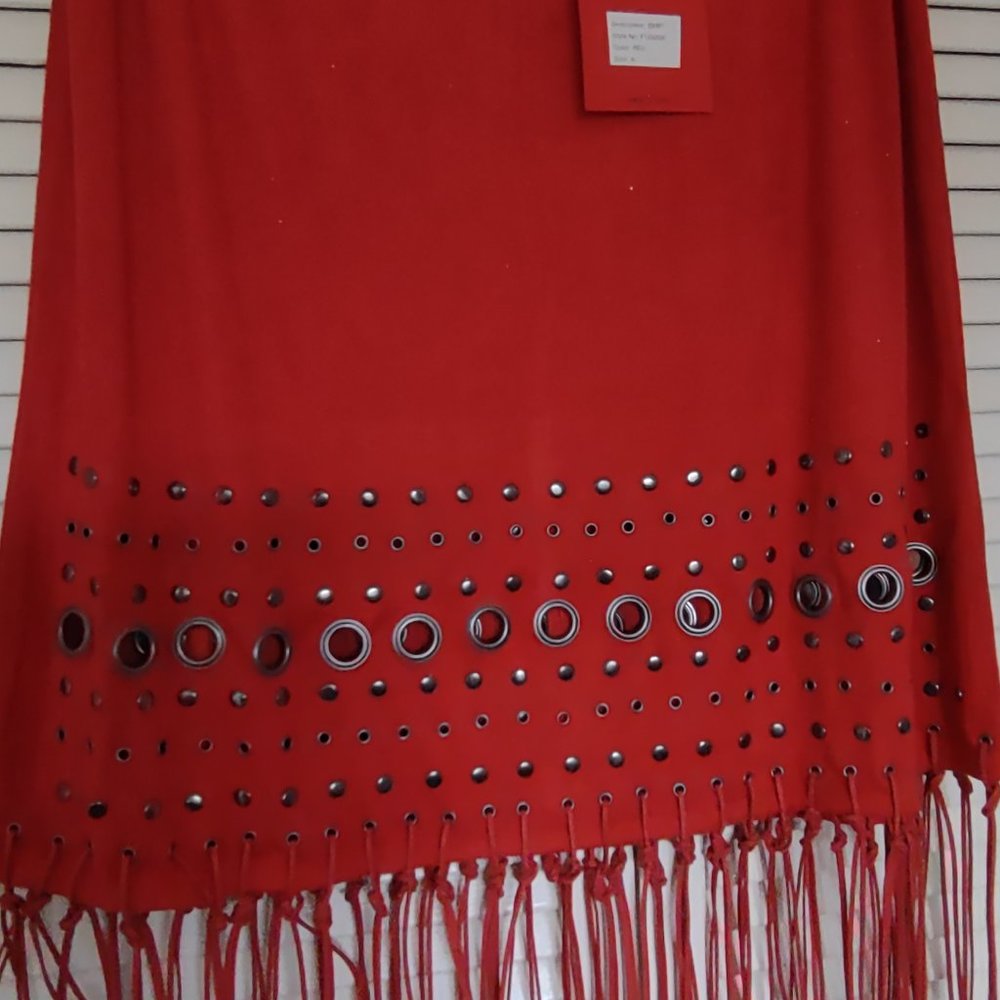 NWT Red Faux Suede skirt with antique silver rivet detail and fringe on bottom.